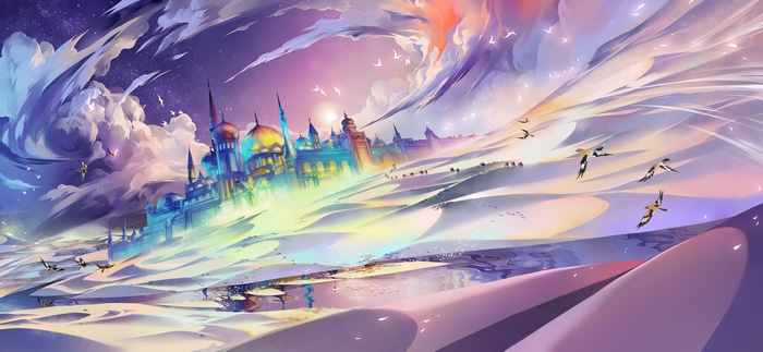 Fantasy Castle in a Colorful Desert Sky with Birds