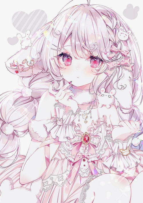 Anime girl with pink eyes and white hair wearing a dress