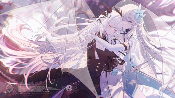 Two anime girls hugging with white hair and flowers