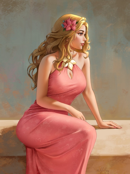Woman with blonde curly hair in a pink dress