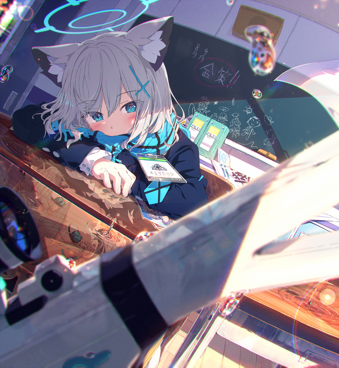 Shiroko with Fox Ears in a Classroom with Telescope