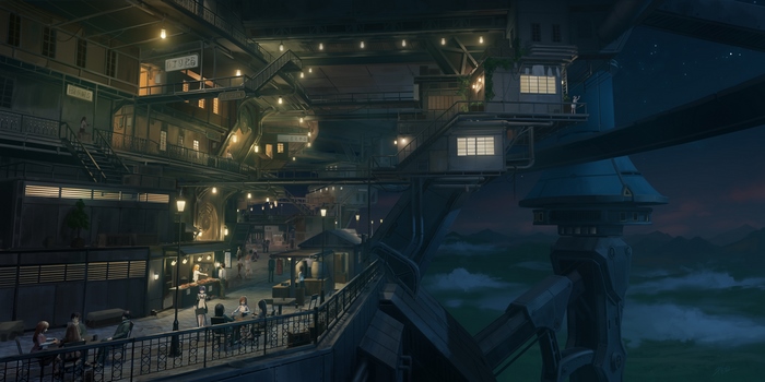 A futuristic city at night with glowing lights