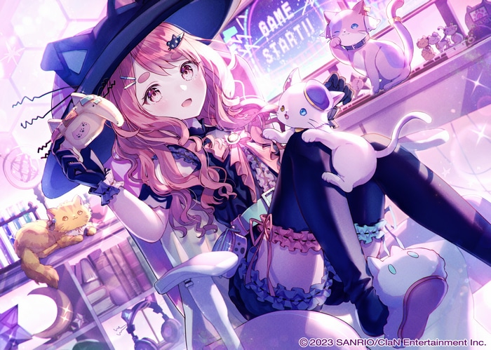 Girl in witch hat with cats and game start sign