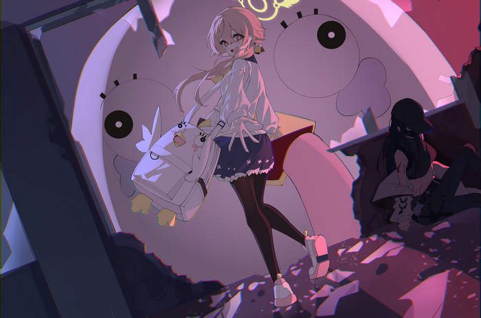 Hifumi with a bird backpack in a destroyed environment