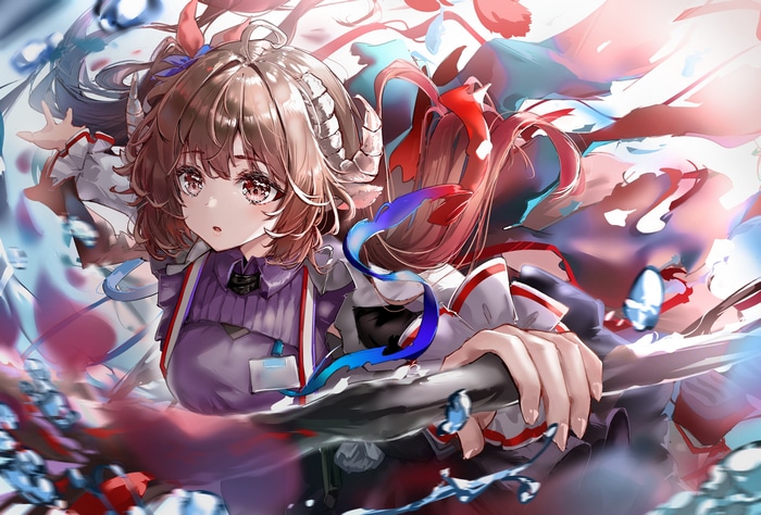 Arknights Eyjafjalla with horns and brown eyes