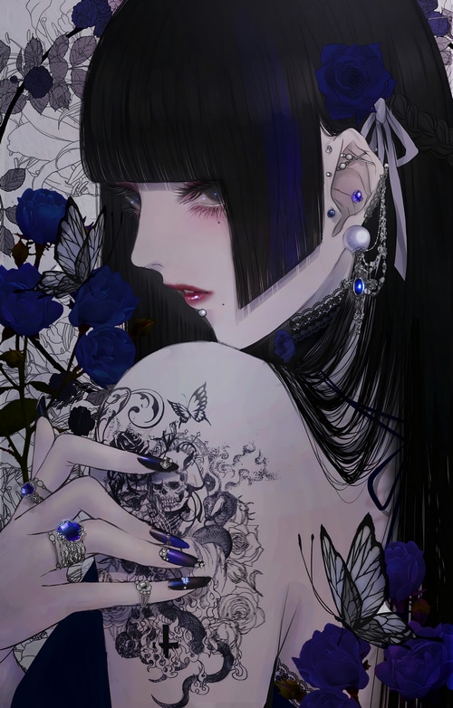Gothic woman with blue roses and butterfly tattoo