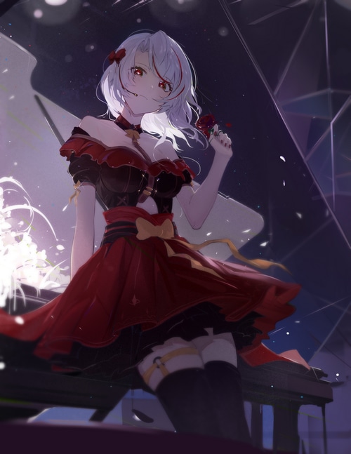 Anime girl with white hair and red dress holding a rose