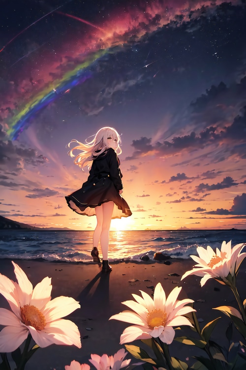 Girl walking on beach at sunset with rainbow