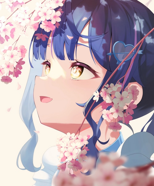 4K anime girl with yellow eyes and blue hair among cherry blossoms