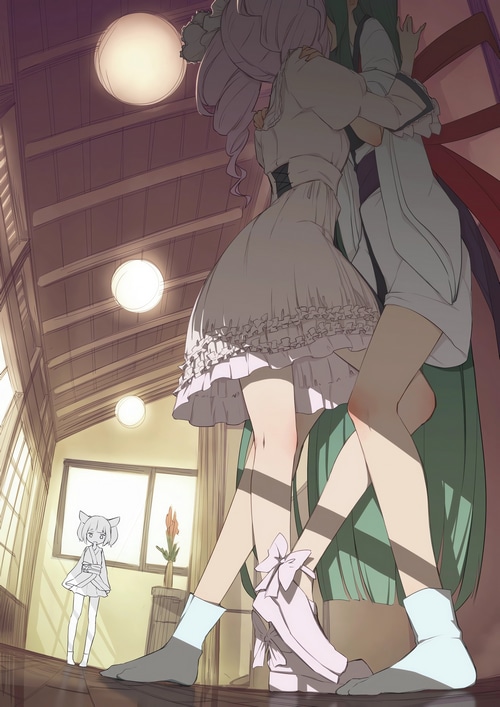 Two girls embracing in a room with a small girl watching