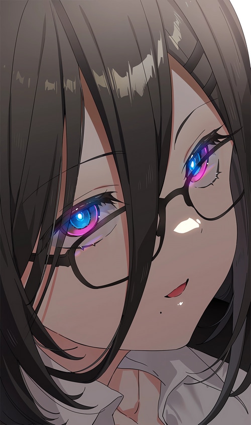 Anime girl with multi-colored eyes and glasses