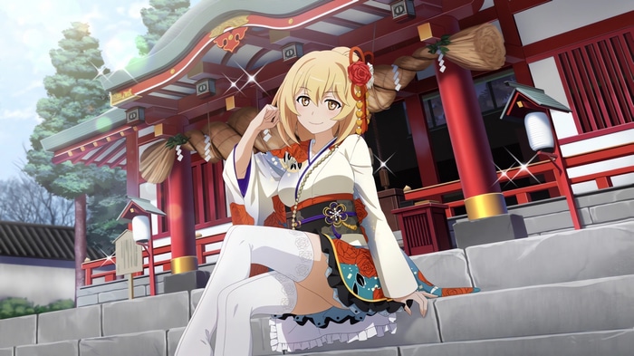 Anime girl in kimono at a Japanese temple