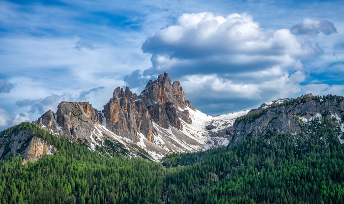 4K Dolomites Mountains Landscape with Forest and Snow