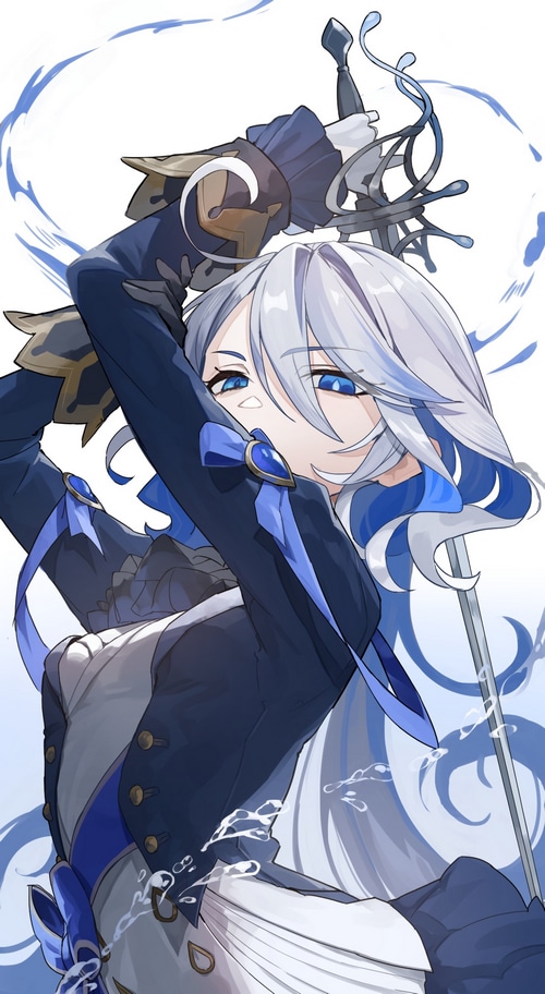 Focalors with blue hair and sword from Genshin Impact