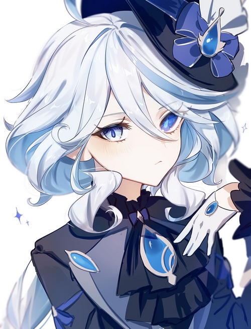 Focalors from Genshin Impact with blue eyes and hat