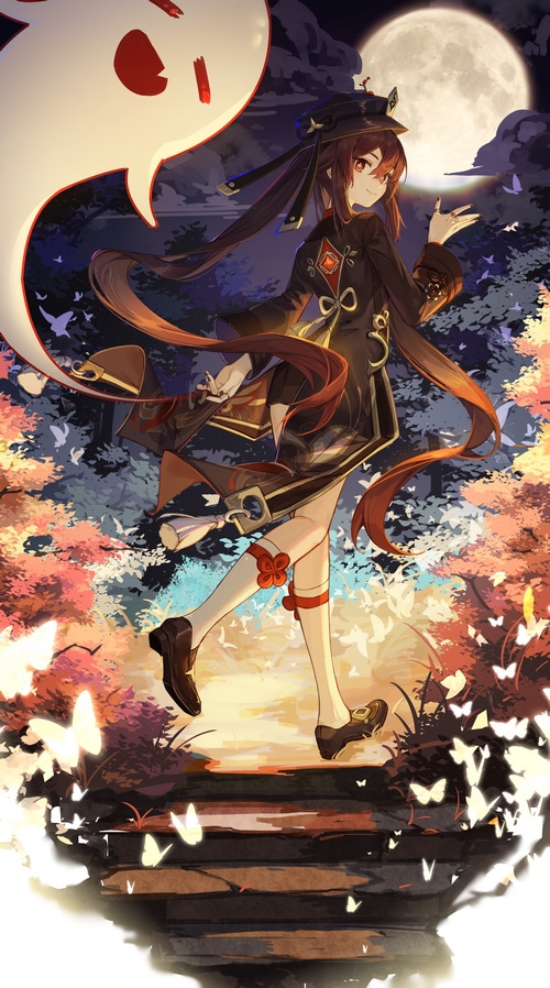 Hu Tao from Genshin Impact with a ghost and butterflies