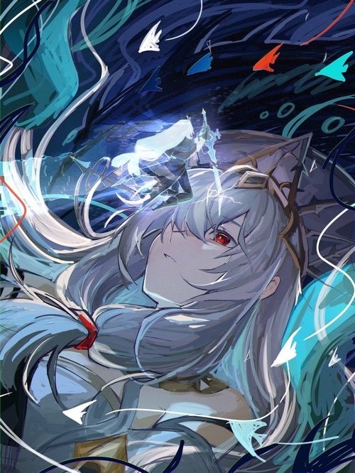 Skadi from Arknights with red eyes and sword