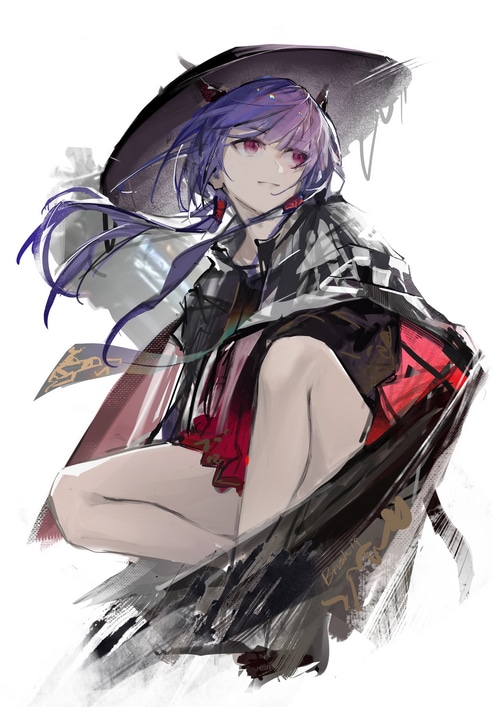 Chen from Arknights with purple hair and horns