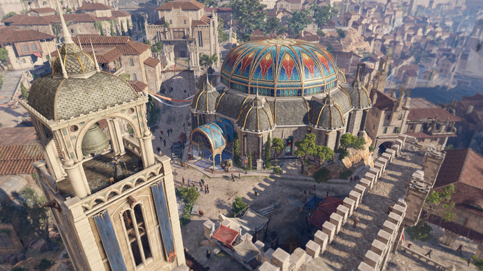 Baldur's Gate 3 screenshot of a city with a bell tower and dome