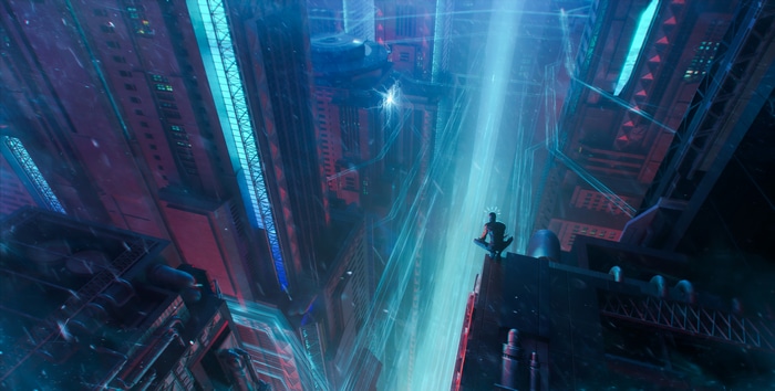 Spider-Man 2099 in a Futuristic Cityscape