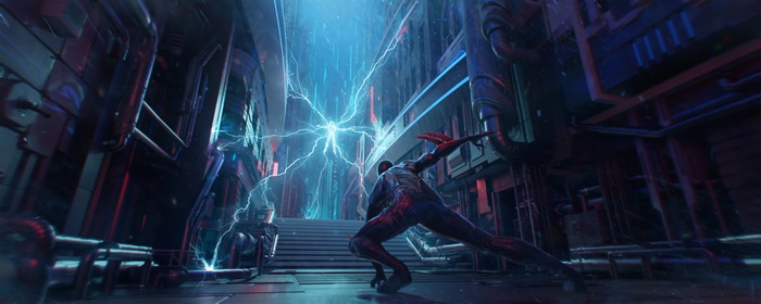 Spider-Man 2099 fighting in a sci-fi industrial setting with electricity