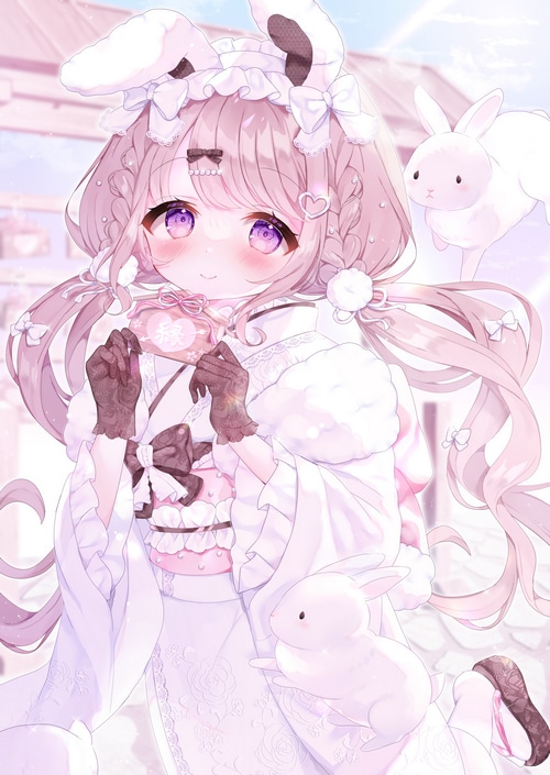 Bunny Girl in Kimono Holding a Charm with Rabbits