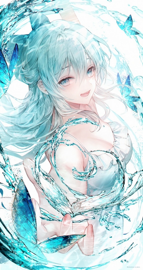 Girl with blue hair and butterflies in water