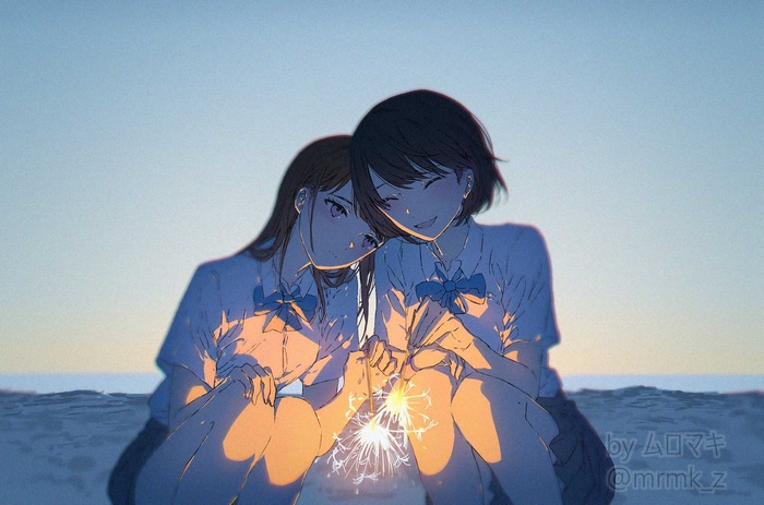 Anime girls with sparklers at sunset