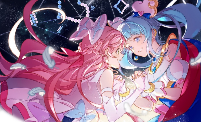 Two anime girls with pink and blue hair holding hands