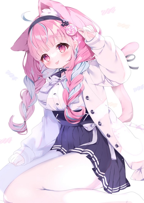 Cat girl with pink braids holding a lollipop