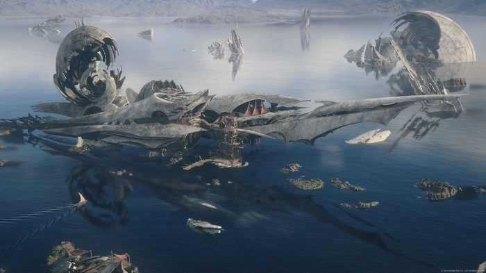 4K Final Fantasy XVI screenshot of a futuristic ship on water