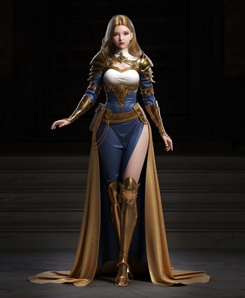 Woman in blue dress and golden armor