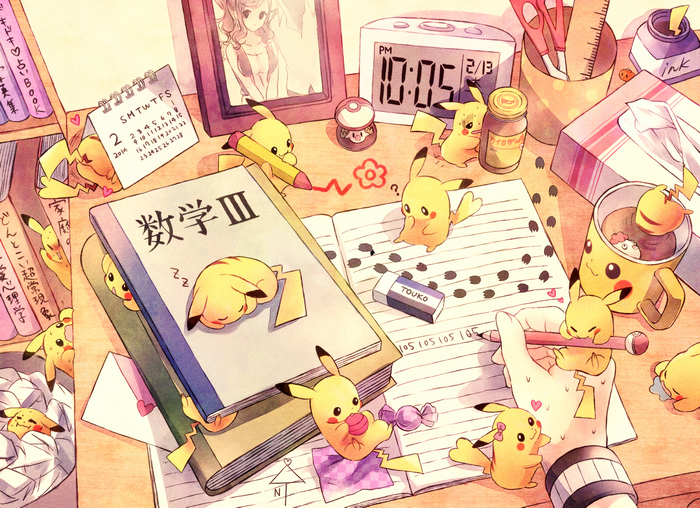 Pikachu studying with books and stationery