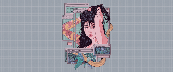 Woman with snake and plants in computer windows