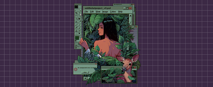 Woman and deer in a digital jungle