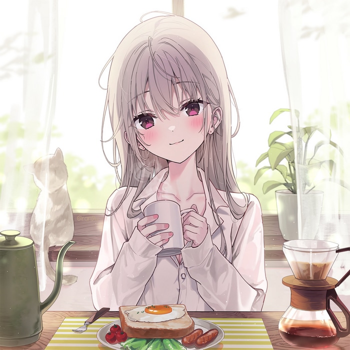 Anime girl with breakfast and coffee by the window