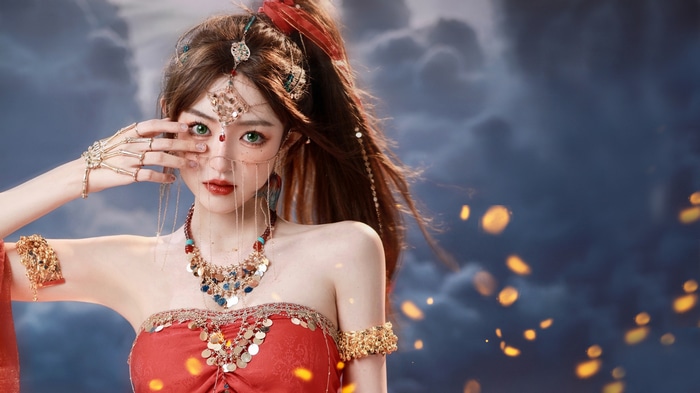 4K Asian woman with jewelry and red lipstick
