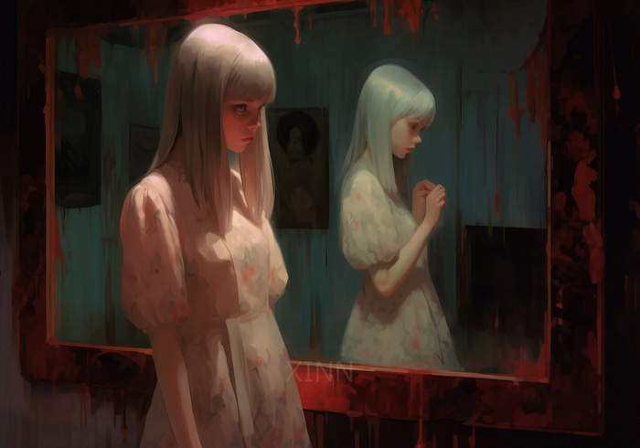 Girl in a dress looking in a bloody mirror