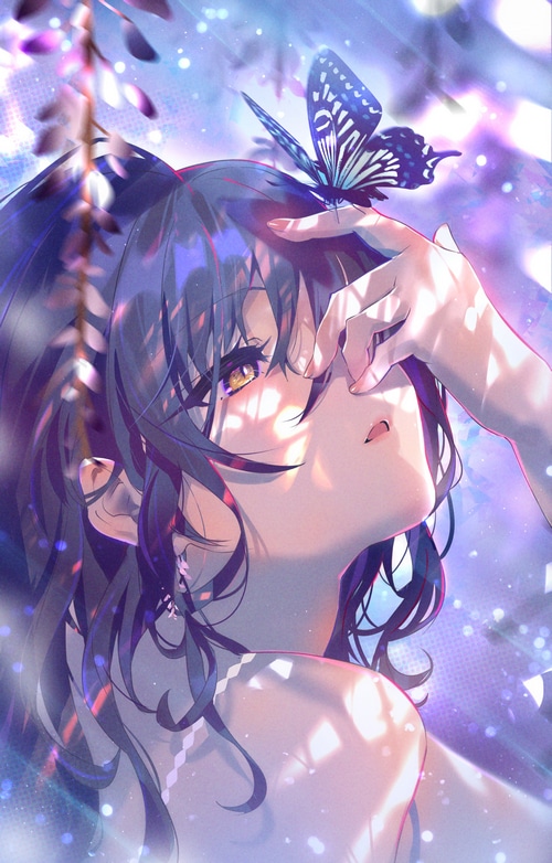Anime girl with yellow eyes and a butterfly