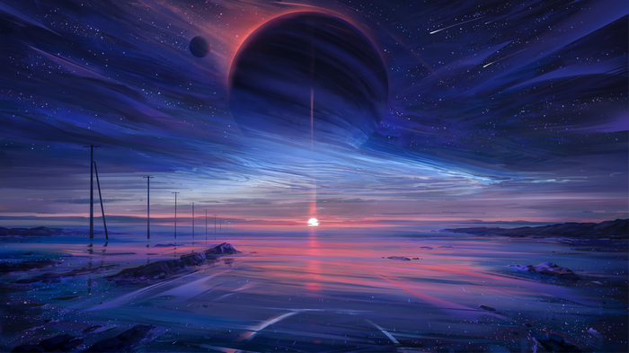 4K Fantasy Planet Sunset with Shooting Stars