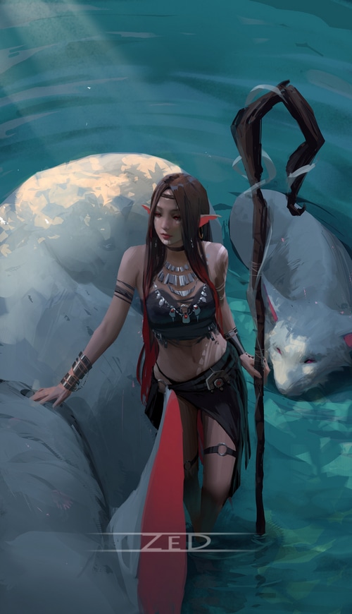 Woman with pointy ears and fox holding a staff in water
