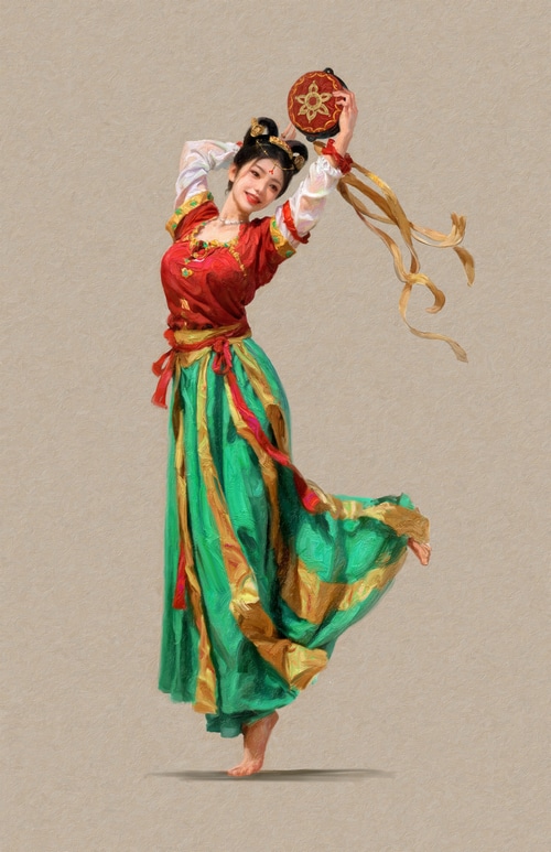 Asian woman in traditional clothing dancing with a tambourine