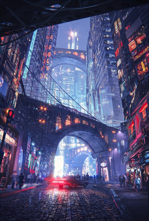 Futuristic cityscape with illuminated buildings and bridges
