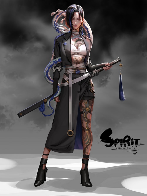 Woman with a dragon and sword
