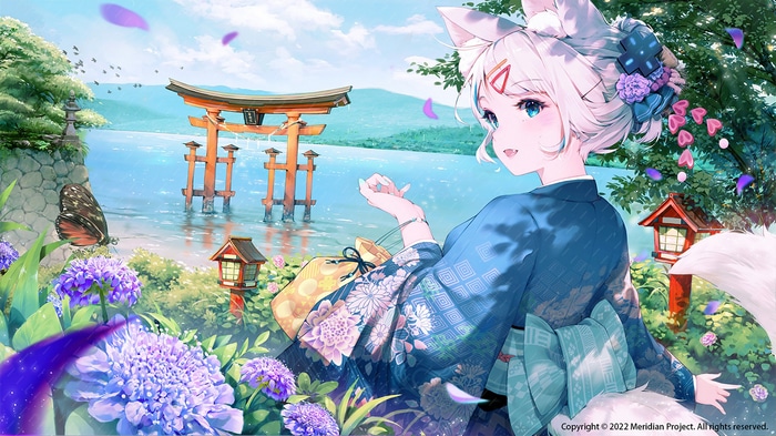 Anime girl with fox ears in a kimono by a torii gate