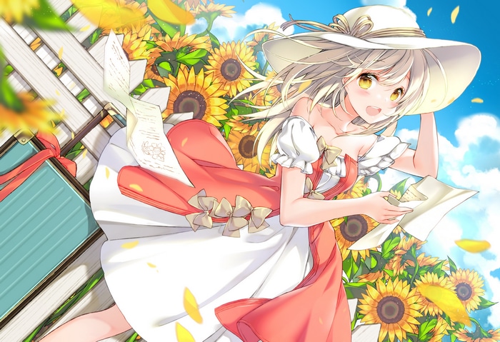 Girl in a summer dress with sunflowers
