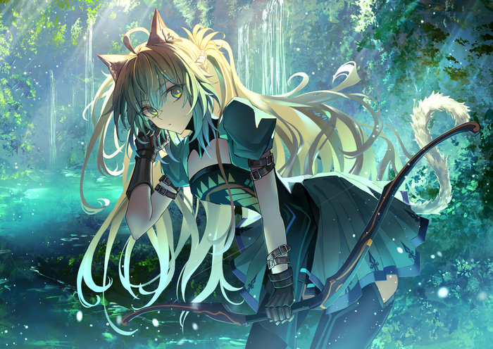 Atalanta with bow in a sunlit forest
