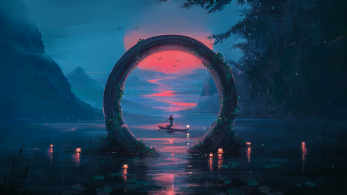Fantasy Archway Overlooking Sunset River with Boat