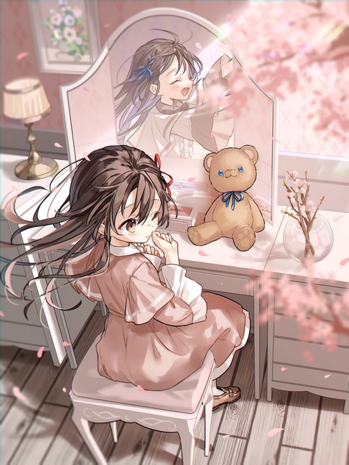 Girl looking in mirror with teddy bear and flowers