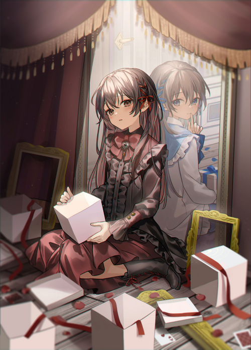 Two women in dresses with gifts and reflections